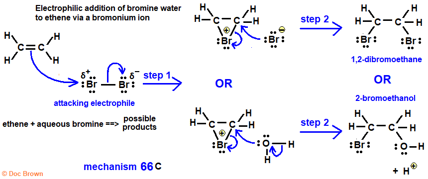 bromonium ion mechanism electrophilic addition of bromine water to ethene 2-bromoethanol product advanced organic chemistry notes doc brown