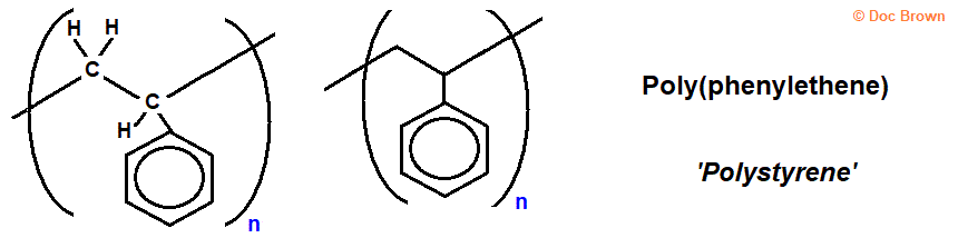 skeletal formula of poly(phenylethene) polystyrene polyphenylethene poly(styrene) polymer advanced A level organic chemistry doc brown's revision notes