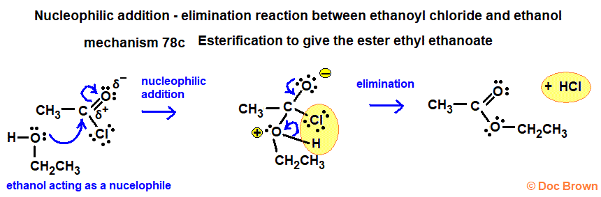 Nucleophilic addition elimination mechanism for reaction of ethanol with ethanoyl chloride ethyl ethanoate product steps advanced organic chemistry