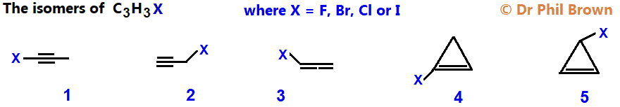 5 constitutional isomers of C3H3Cl C3H3Br C3H3F C3H3I molecular formula skeletal formula constitutional structural formula