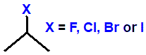 skeletal formula of 2-fluoropropane, 2-chloropropane, 2-bromopropane and 2-iodopropane haloalkane isomers