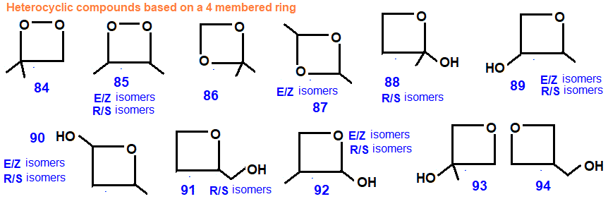 isomers of C4H8O2 dioxitanes, oxetanols, methanols, heterocyclic compounds based on a 4 membered rings of carbon and oxygen atoms, names, skeletal formula