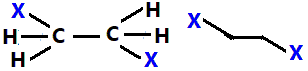 1,2-difluoroethane, 1,2-dichloroethane, 1,2-dibromoethane, 1,2-diiodoethane condensed constitutional structural formula skeletal formula