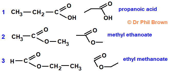 carboxylic acids and esters which are constitutional structural isomers of C3H6O2 structural skeletal formula