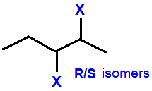 2,3-difluoropentane,  2,3-dichloropentane,  2,3-dibromopentane,  2,3-diiodopentane R/S optical isomers skeletal formula constitutional structural formula