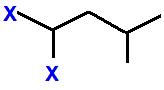 1,1-difluoro-3-methylbutane,  1,1-dichloro-3-methylbutane,  1,1-dibromo-3-methylbutane,  1,1-diiodo-3-methylbutane skeletal formula constitutional structural formula