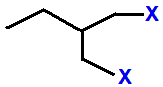 1-fluoro-2-(fluoromethyl)butane,  1-chloro-2-(chloromethyl)butane,  1-bromo-2-(bromomethyl)butane,  1-iodo-2-(iodomethyl)butane skeletal formula constitutional structural formula