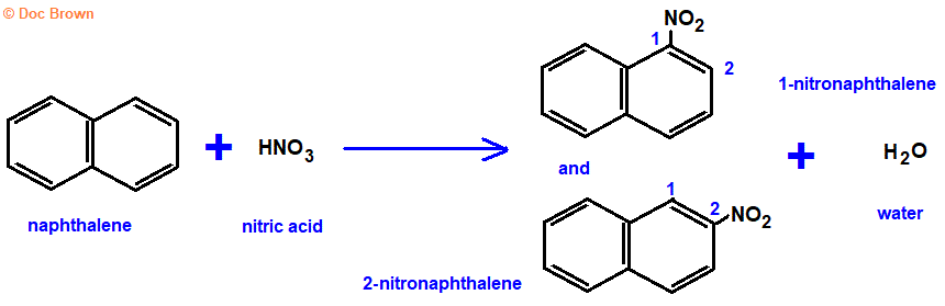 reaction of naphthalene with concentrated nitric acid to yield 1-nitronaphthalene molecular structure of products structural formula electrophilic substitution mechanism