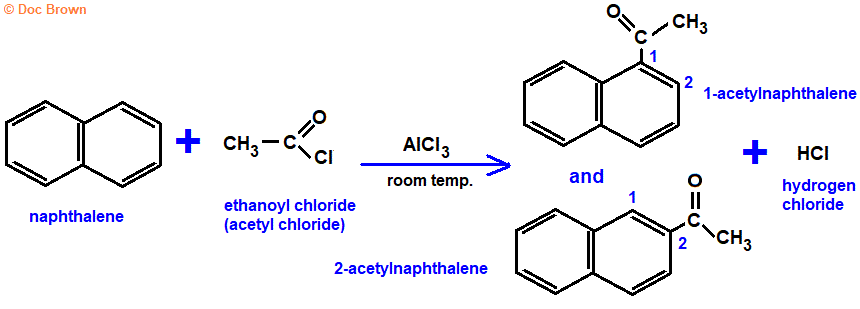 Friedel-Crafts reaction naphthalene readily reacts with ethanoyl chloride (acetyl chloride) to yield mixture of 1-acetylnaphthalene and 2-acetylnaphthalene molecular structure aluminium chloride catalyst structural formula electrophilic substitution mechanism