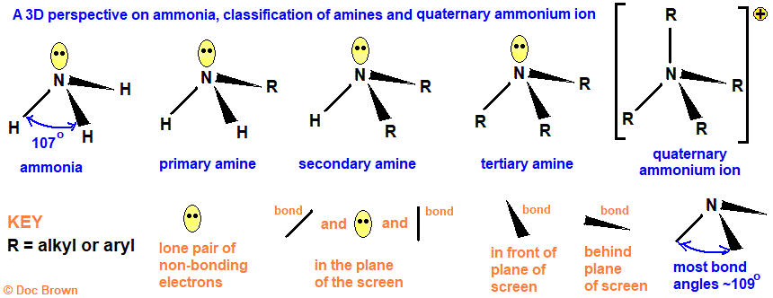 3D view bond angles view of ammonia, classification of amines as primary secondary tertiary quanternary ammonium ion salts advanced level organic chemistry doc brown