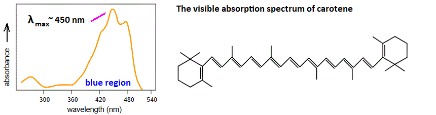 visible absorption spectrum of beta carotene electronic spectra maximum absorbance peak wavelength molecular structure spectra of polyene carotenoids