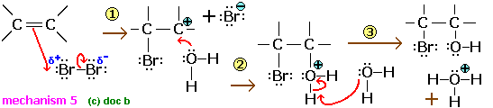 formation of halogenated alcohol aqueous bromine water ionic mechanism of electrophilic addition to alkenes formed advanced A level organic chemistry