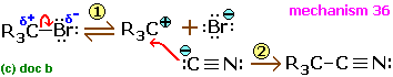nucleophilic substitution potassium cyanide ion halogenoalkane haloalkane SN1 unimolecular mechanism advanced level organic chemistry revision notes doc brown